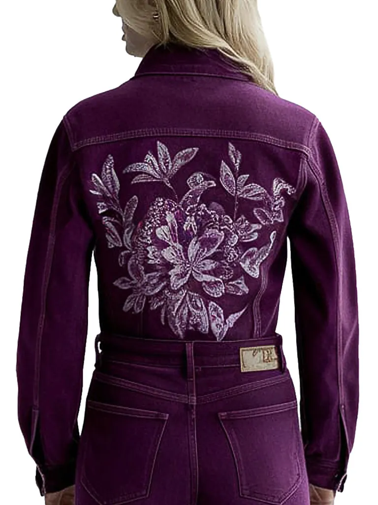 Women's Stylish Purple Floral Embroidered Denim Jacket