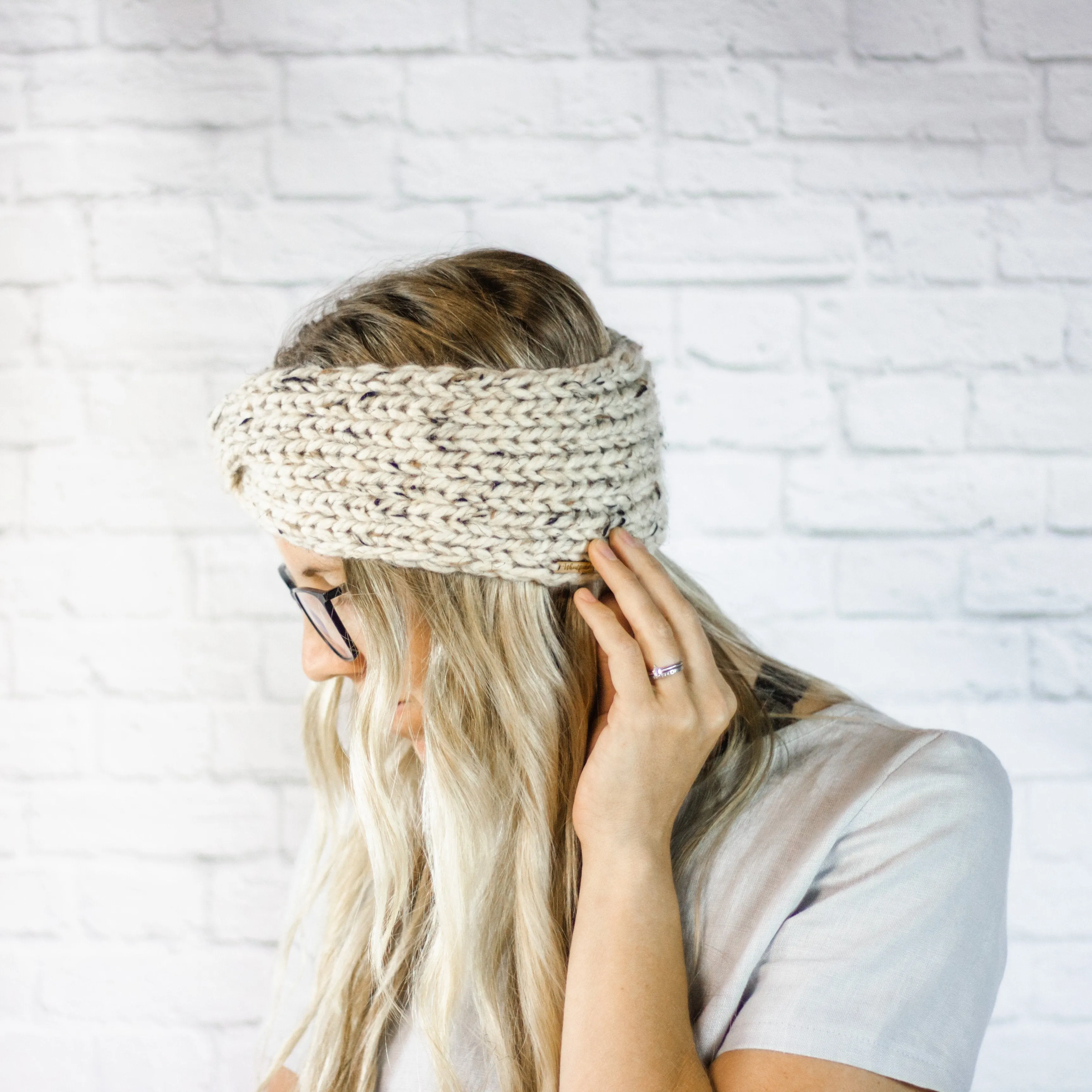 Womens Wide Knit Turban Twist Ear Warmer Headband in Oatmeal