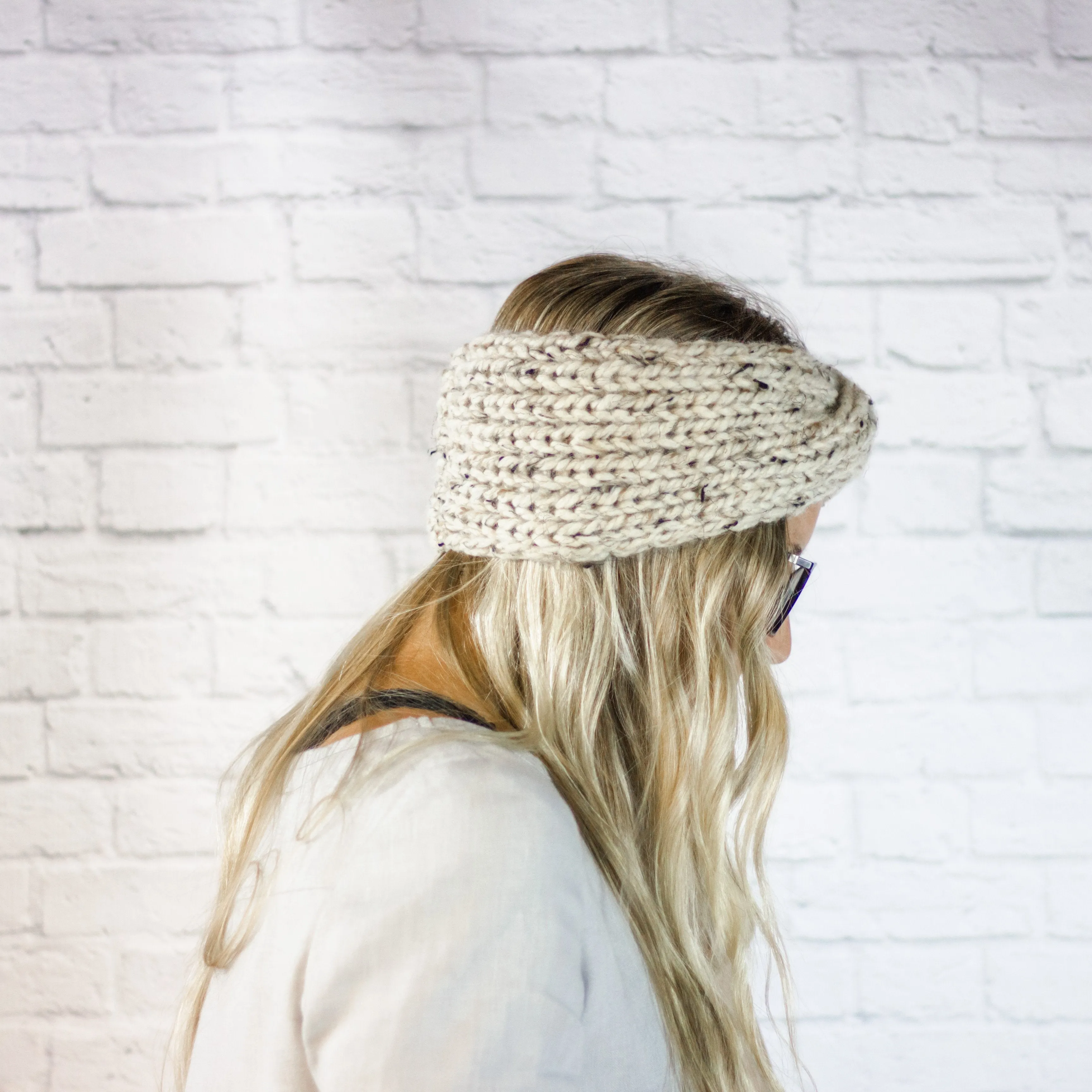 Womens Wide Knit Turban Twist Ear Warmer Headband in Oatmeal