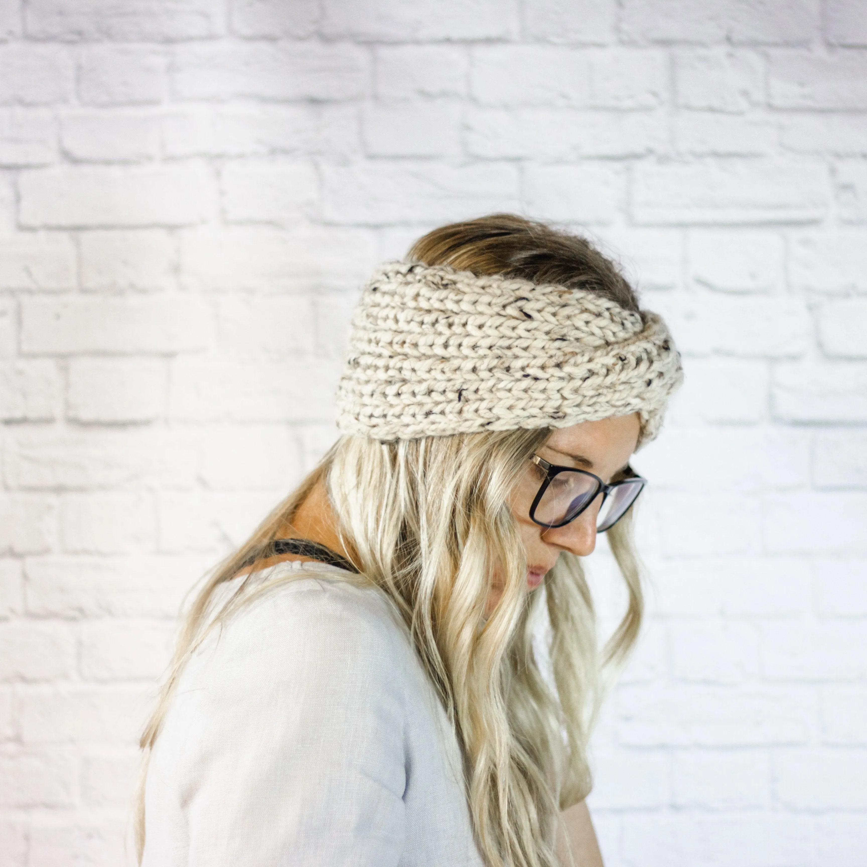 Womens Wide Knit Turban Twist Ear Warmer Headband in Oatmeal