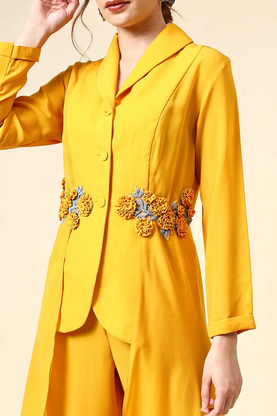 Yellow Floral Embellished Blazer Co-Ord Set